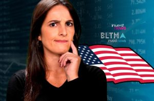 Mulher com expressão pensativa e mão no queixo, diante de dados financeiros e bandeira dos EUA.