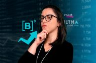 Mulher pensativa com óculos diante de gráficos financeiros e logo da B3. Seta de alta e "investnews" visíveis.