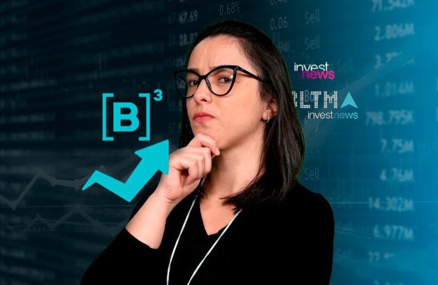 Mulher pensativa com óculos diante de gráficos financeiros e logo da B3. Seta de alta e "investnews" visíveis.