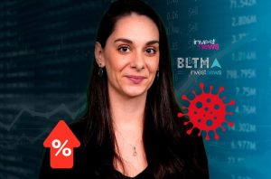 Mulher em fundo com dados financeiros, ao lado de ícones de aumento percentual e vírus. Tema: economia e pandemia.