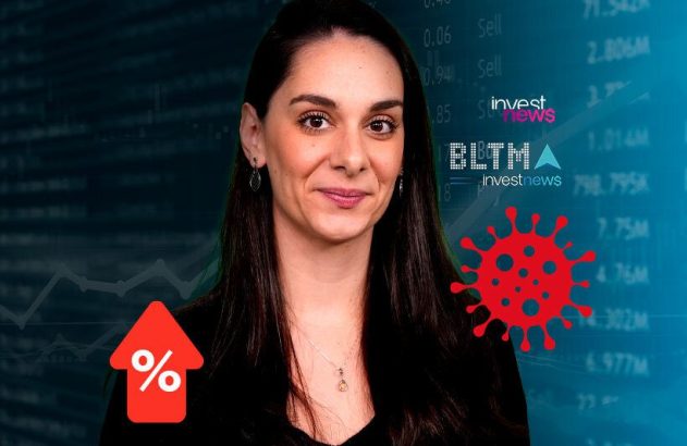 Mulher em fundo com dados financeiros, ao lado de ícones de aumento percentual e vírus. Tema: economia e pandemia.