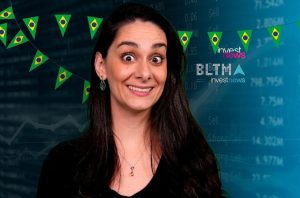 Mulher sorrindo com olhos arregalados, fundo com dados financeiros, bandeiras do Brasil e logo Investnews.