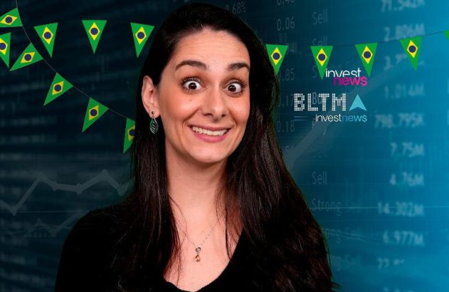 Mulher sorrindo com olhos arregalados, fundo com dados financeiros, bandeiras do Brasil e logo Investnews.