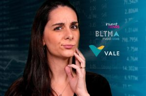Mulher pensativa diante de dados financeiros da bolsa e logos Investnews/VALE ao fundo.