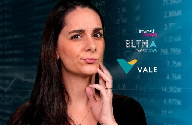 Mulher pensativa diante de dados financeiros da bolsa e logos Investnews/VALE ao fundo.