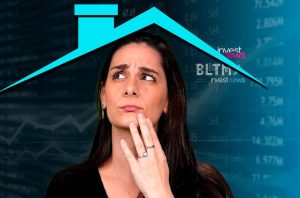 Mulher pensativa com silhueta de casa azul sobre a cabeça, sobreposta a dados financeiros e logo Investnews.