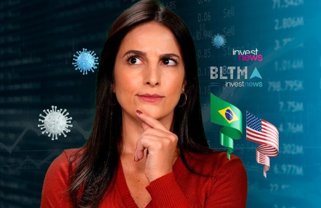 Mulher pensativa com ícones de vírus, bandeiras BR/EUA e dados financeiros ao fundo.