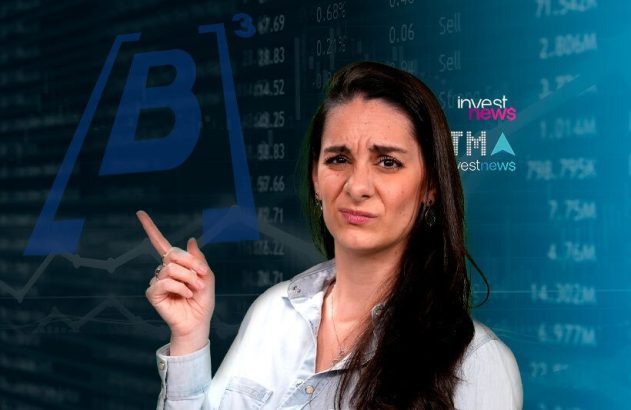 Mulher cética aponta para dados e gráficos financeiros em fundo azul com logo Invest News.