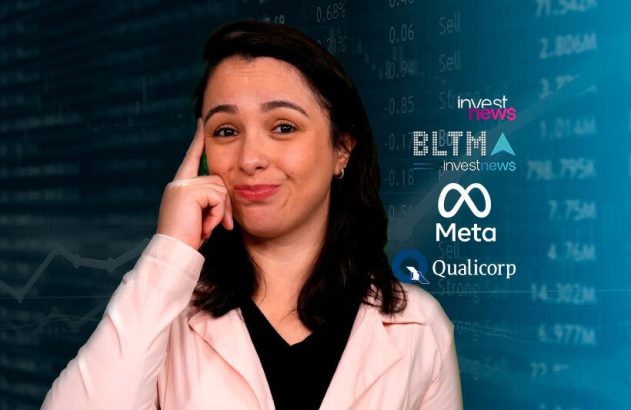 Mulher pensativa apontando para a cabeça. Fundo financeiro com gráficos e logos de Investnews, Meta e Qualicorp.