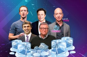 Cinco bilionários da tecnologia (Zuckerberg, Musk, Bezos, Page, Gates) sobre cubos de gelo.