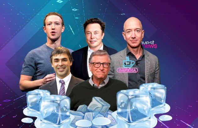 Cinco bilionários da tecnologia (Zuckerberg, Musk, Bezos, Page, Gates) sobre cubos de gelo.