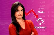 Mulher apreensiva diante de queda em gráfico financeiro. Seta vermelha p/ baixo e logos Bradesco e InvestNews FLASH.