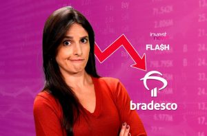 Mulher apreensiva diante de queda em gráfico financeiro. Seta vermelha p/ baixo e logos Bradesco e InvestNews FLASH.