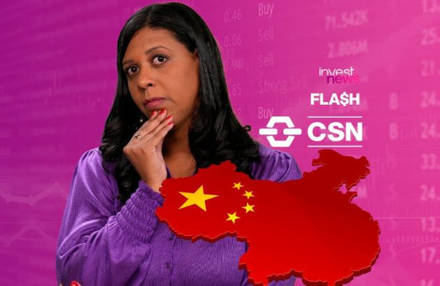 tatiana santiago, apresentadora do investnews, com a mão no queixo e à frente dela um desenho da bandeira da China