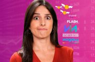 Mulher confusa sobre investimentos. Fundo com gráficos, dinheiro voando e logos: Investnews, Via, Americanas, Magalu.