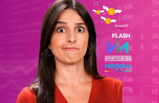 Mulher confusa sobre investimentos. Fundo com gráficos, dinheiro voando e logos: Investnews, Via, Americanas, Magalu.
