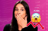 Mulher e emoji chocados com queda financeira, fundo rosa com dados e logo 'Invest News FLASH'. Seta vermelha para baixo.
