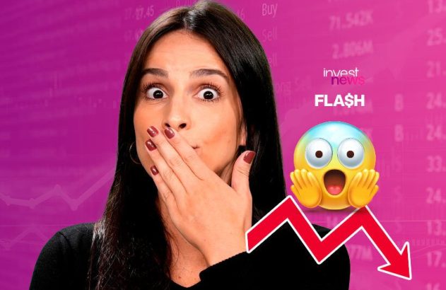 Mulher e emoji chocados com queda financeira, fundo rosa com dados e logo 'Invest News FLASH'. Seta vermelha para baixo.
