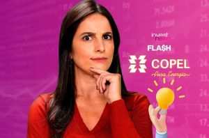 Mulher pensativa, mão no queixo, com lâmpada acesa (ideia) em fundo financeiro. Logos Invest News, Flash, Copel.