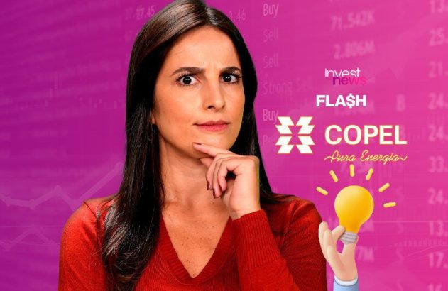 Mulher pensativa, mão no queixo, com lâmpada acesa (ideia) em fundo financeiro. Logos Invest News, Flash, Copel.