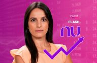 fabiana ortega, apresentadora do investnews, séria, de frente para a câmera e à frente dela, gráfico de ascensão com logo do nubank, representando crescimento dos lucros