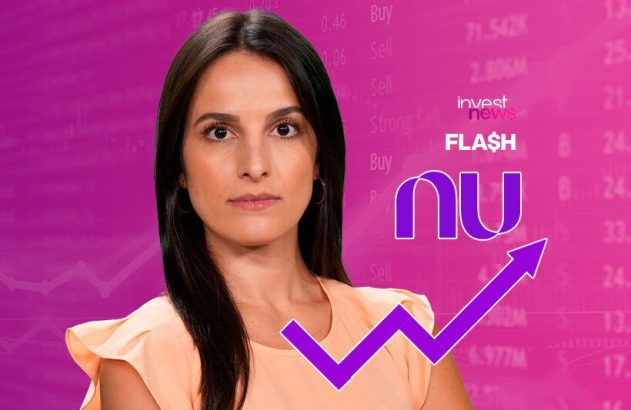 fabiana ortega, apresentadora do investnews, séria, de frente para a câmera e à frente dela, gráfico de ascensão com logo do nubank, representando crescimento dos lucros