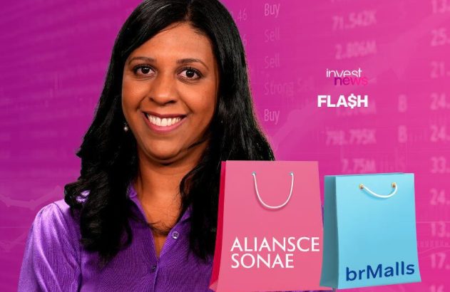 Mulher sorri. Sacolas Aliansce Sonae (rosa) e brMalls (azul). Fundo financeiro e logo InvestNews Flash.