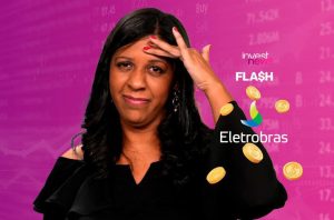 Mulher com expressão pensativa e mão na testa em fundo de dados financeiros. Moedas douradas voam, com logo Eletrobras.