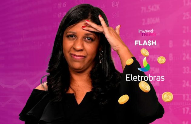 Mulher com expressão pensativa e mão na testa em fundo de dados financeiros. Moedas douradas voam, com logo Eletrobras.