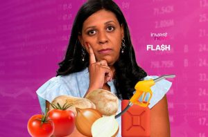 tatiana santiago, apresentadora do investnews, com a mão no rosto e à frente sacola de compras representando aumento do ipca-15, prévia da inflação