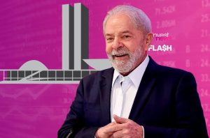 Presidente Lula sorrindo, com o Congresso Nacional e gráficos financeiros ao fundo. Logos 'invest news FLASH'.