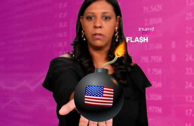 Mulher estende bomba dos EUA com pavio aceso em fundo financeiro. Alerta "FLASH invest news".