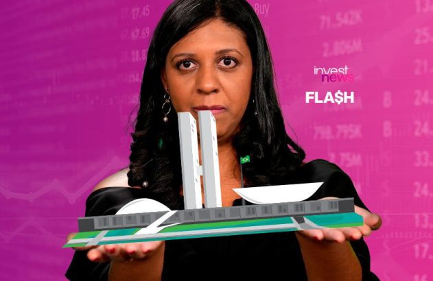 tatiana Santiano, apresentadora do programa Flash, do InvestNews, com as mãos estendidas segurando um vetor de representação do Senado