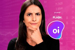 Mulher pensativa com mão no queixo. Fundo com dados financeiros e logos Investnews e Oi.