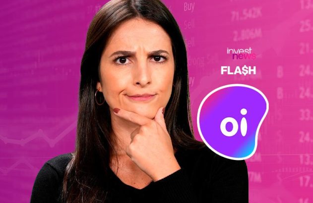 Mulher pensativa com mão no queixo. Fundo com dados financeiros e logos Investnews e Oi.