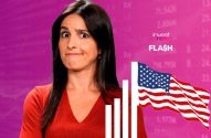 Mulher com expressão confusa, sobrepondo barras de gráfico, bandeira dos EUA e fundo de dados financeiros 'investnews FLASH'.