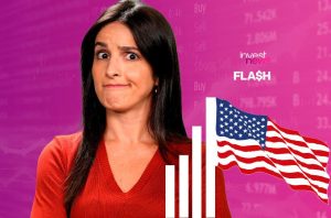 Mulher com expressão confusa, sobrepondo barras de gráfico, bandeira dos EUA e fundo de dados financeiros 'investnews FLASH'.