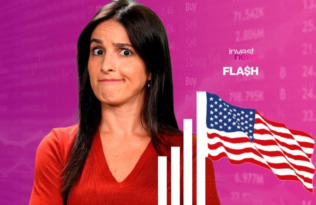 Mulher com expressão confusa, sobrepondo barras de gráfico, bandeira dos EUA e fundo de dados financeiros 'investnews FLASH'.