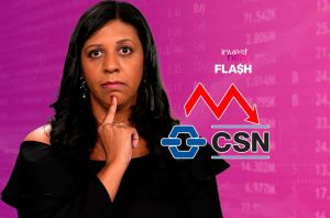 Mulher pensativa com dedo no queixo, sobre fundo financeiro com 'Invest News' e CSN em baixa.