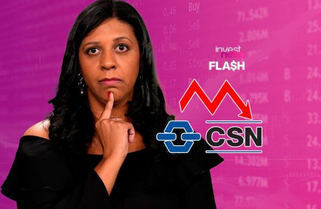 Mulher pensativa com dedo no queixo, sobre fundo financeiro com 'Invest News' e CSN em baixa.