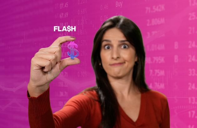 Mulher com expressão confusa segura um cifrão minúsculo. Fundo com dados financeiros e texto FLASH.