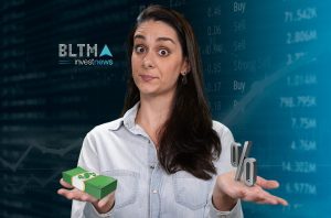 Mulher com expressão surpresa compara dinheiro e porcentagem. Fundo com logo "BLTMA investnews" e dados financeiros.