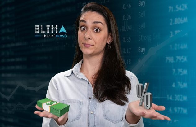 Mulher com expressão surpresa compara dinheiro e porcentagem. Fundo com logo "BLTMA investnews" e dados financeiros.