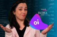 Mulher gesticulando com expressão confusa diante de fundo financeiro com logos Invest News e Oi.