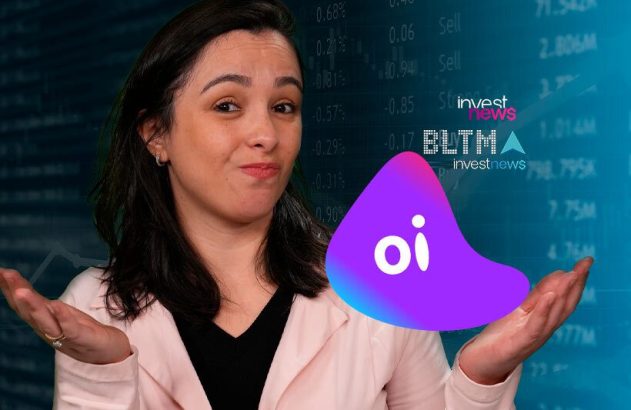 Mulher gesticulando com expressão confusa diante de fundo financeiro com logos Invest News e Oi.