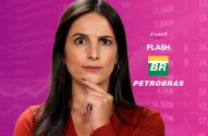 Mulher surpresa com mão no queixo. Fundo de notícias financeiras com logos Invest News, Flash e Petrobras.