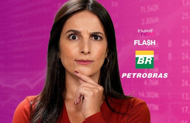 Mulher surpresa com mão no queixo. Fundo de notícias financeiras com logos Invest News, Flash e Petrobras.