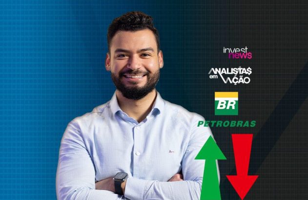 Homem sorrindo. Logos 'Invest News', 'Analistas em Ação', Petrobras, e setas de alta/baixa para análise financeira.