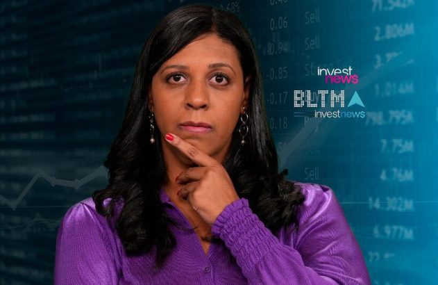 Mulher pensativa tocando o queixo, com fundo de dados financeiros e logo "investnews".