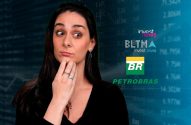 Mulher pensativa, mão no queixo, diante de dados e logos de investimento no mercado financeiro.